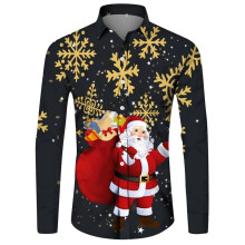 Christmas Shirt Men's Loose Fit Xmas Print ButtonUp Shirt 3D Printed Motifs Hawaiian Stretch Dark Blue Size M