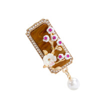 Delicate Plum Flower Brooch With Rhinestones Sturdy Alloy Metal