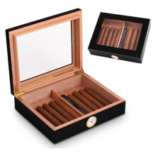 Cedar Wood Cigar Humidor with Glass and Hygrometer, Luxury Storage Box for 30–35 Cigars