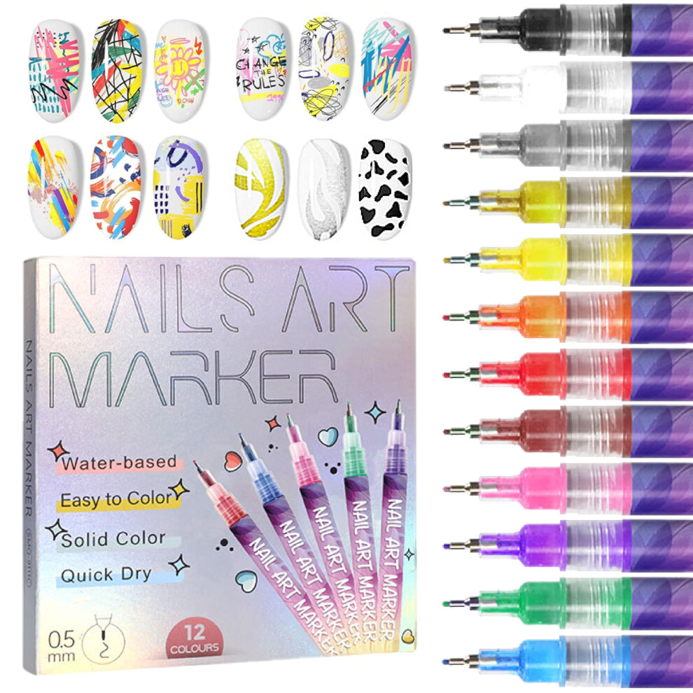 12 Colors Acrylic Nail Art Pens Set with 0.5mm Fine Tip for Vibrant DIY Manicure Designs