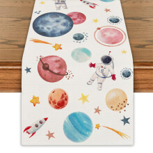 Space Theme Linen Table Runner 13x72 Inch Wrinkle Resistant Fade Resistant Astronaut Party Decor