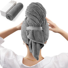 Extra Large Microfiber Hair Towel Wrap for Women, Fast Drying Turban with Elastic Band, Dark Gray