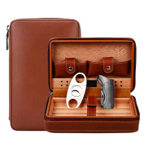 Travel Humidors for Cigars Brown Leather Travel Cigar Case With Lighter And Cutter Portable
