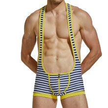 Sexy Mens Undershirts Zipper Penis Pouch Striped Leotard Bodysuit XL Breathable Wrestling Singlet Yellow