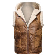 Fleece Vest Men's Leather Hooded Thermal Lined Winter Vest M Brown Sleeveless Motorcycle Outdoor Casual