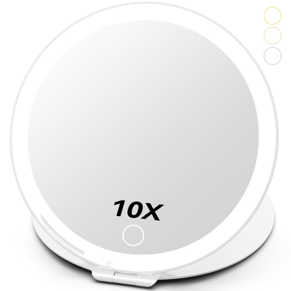 Travel Makeup Mirror 10x Magnification Rechargeable Vanity Mirror with 3 Color Lighting Foldable Design