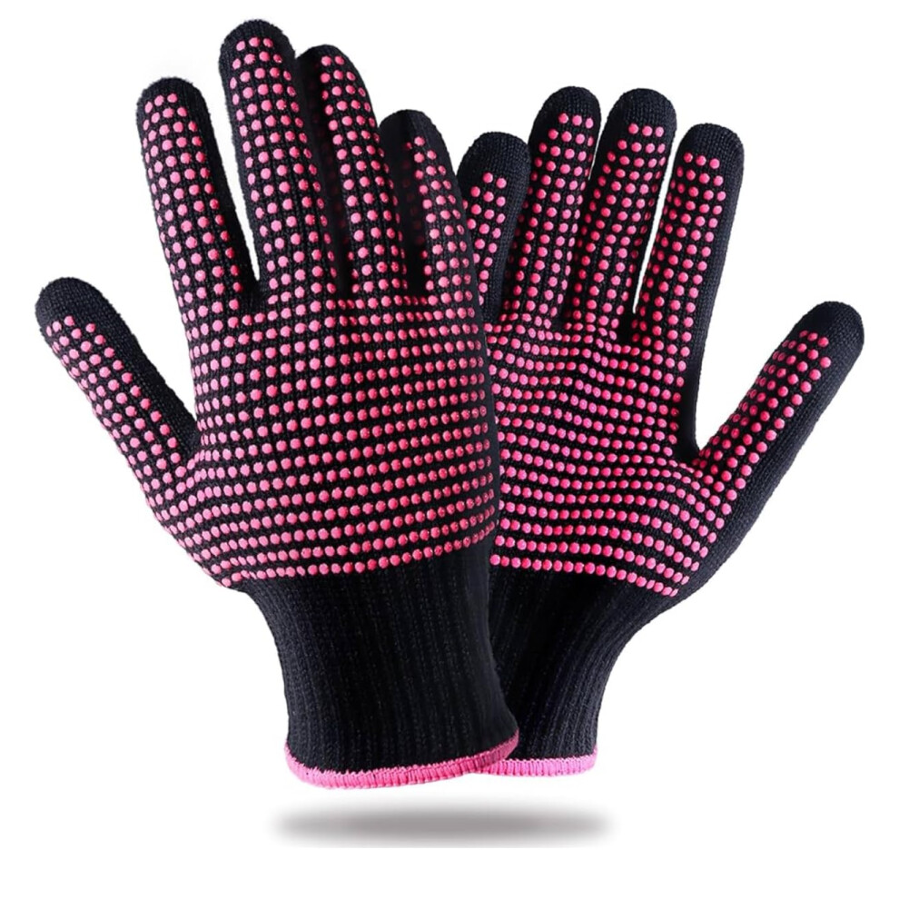 Black/Pink Heat Resistant Styling Glove With Nonslip Silicone Grip For Curling And Flat Iron, And