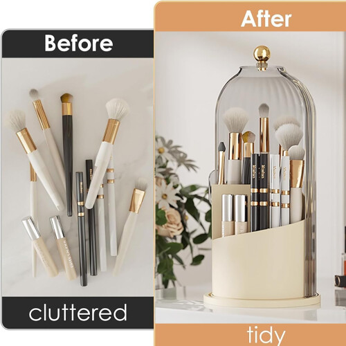 Makeup Brush Holder with Lid 360 Rotating Organizer Dustproof Waterproof ThreeCompartment Design 1