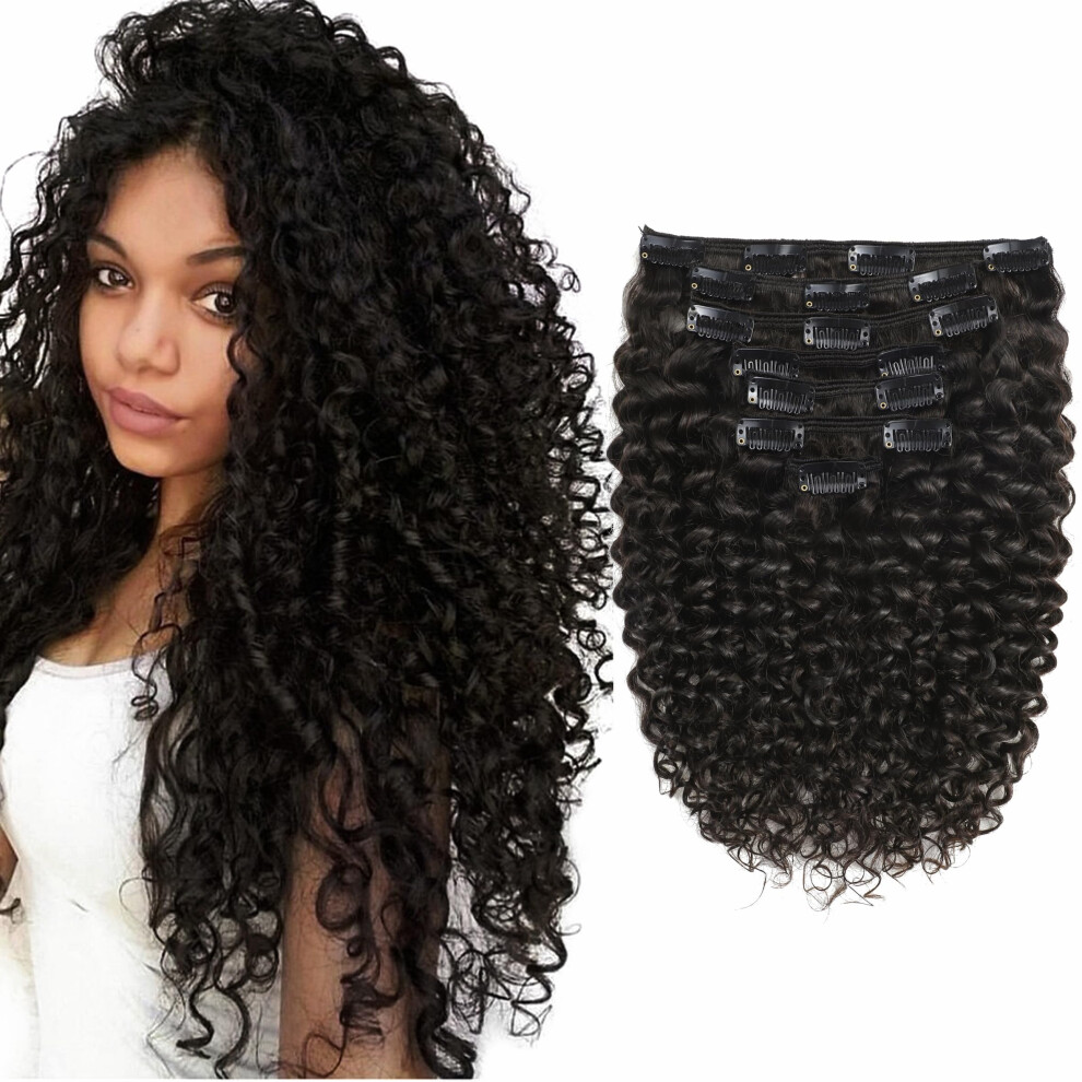 Unisex Black 20 Inch Jerry Curly Human Hair Clip In Extensions For Women Natural 3B 3C Style