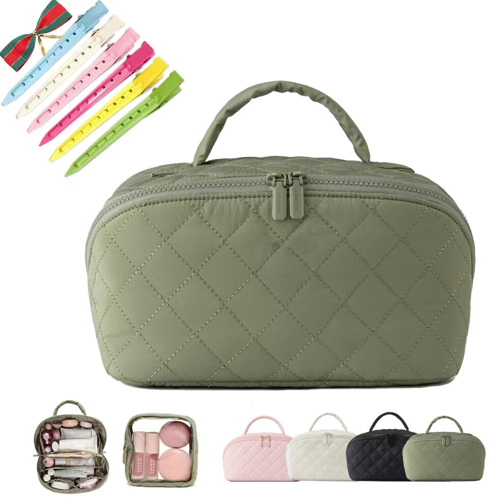 Green Large Capacity Quilted Waterproof Makeup Bag With 180 Layflat Opening And Compartments,