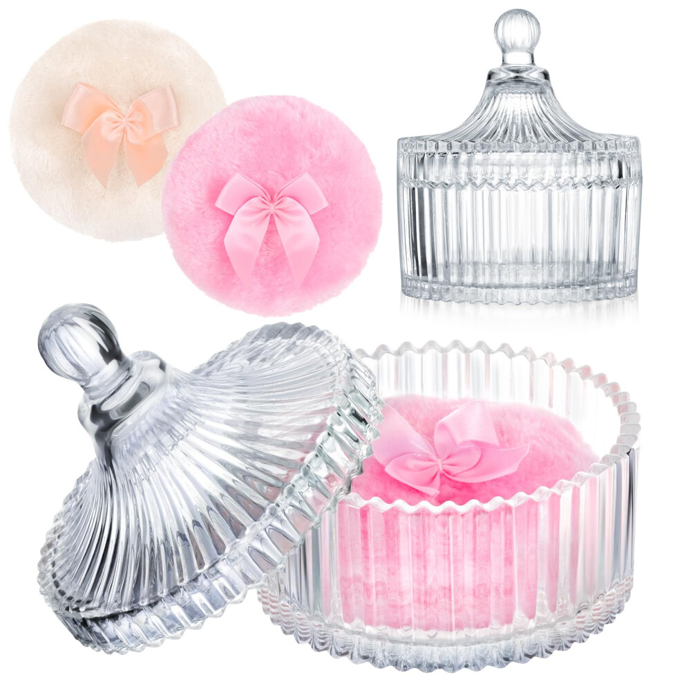 Body Powder Puff Set with Glass Container, UltraSoft Plush Large Puff for Even Coverage and Makeup