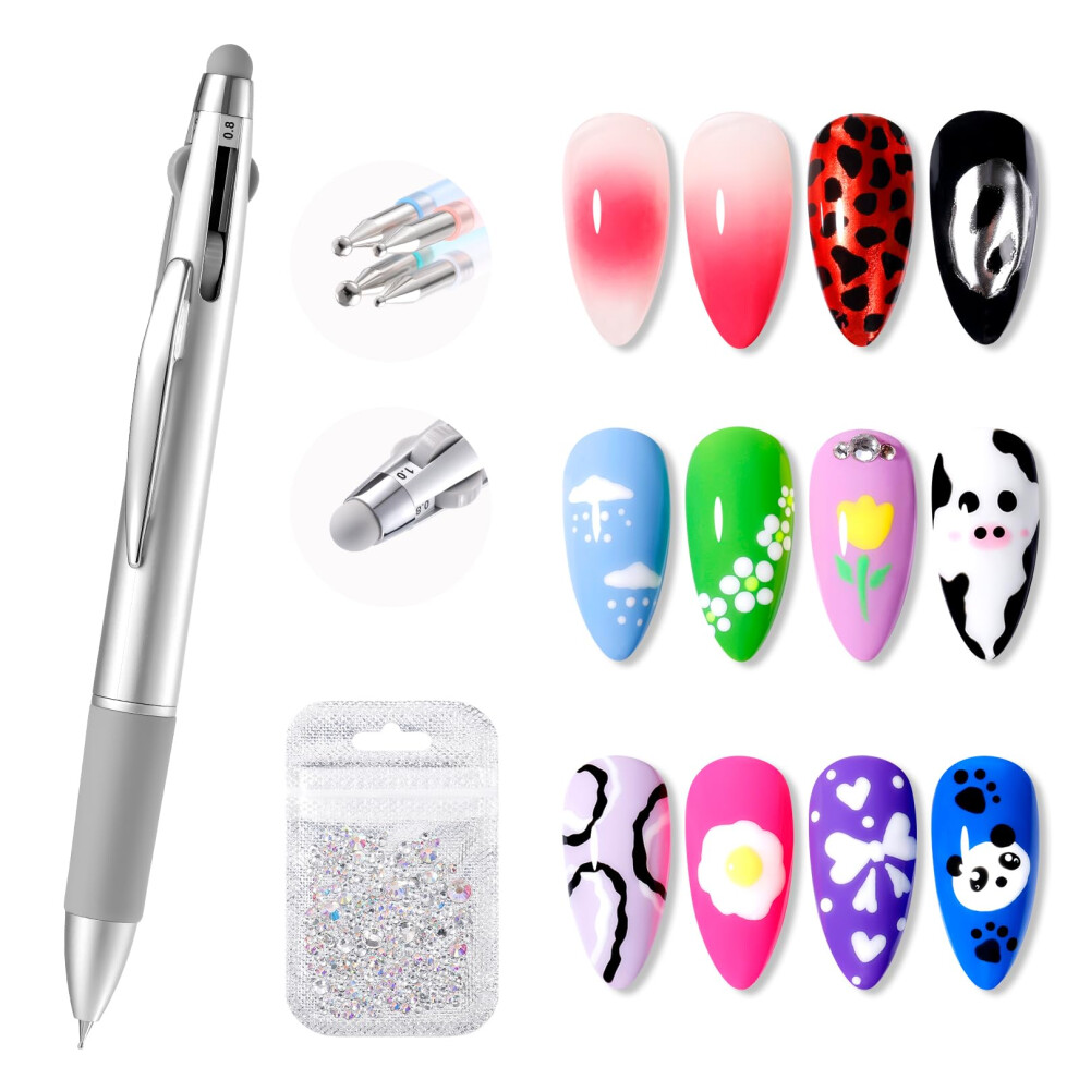 5in1 Nail Dotting Tool DualEnded Pen with Silicone Tip for Chrome Powder and Rhinestones