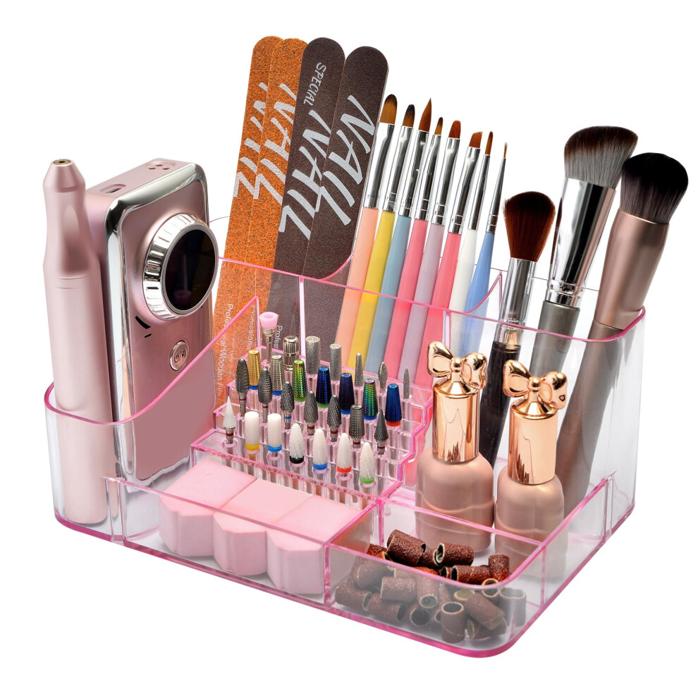 Pink Nail Drill Bit Holder With 28 Holes Acrylic Organizer Box With Transparent Cover For Manicure Tools