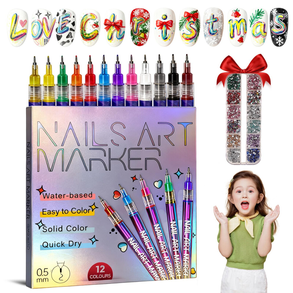 12 Colors Nail Art Pens Set with Precision Fine Tip, LongLasting QuickDry Acrylic Markers for DIY Designs