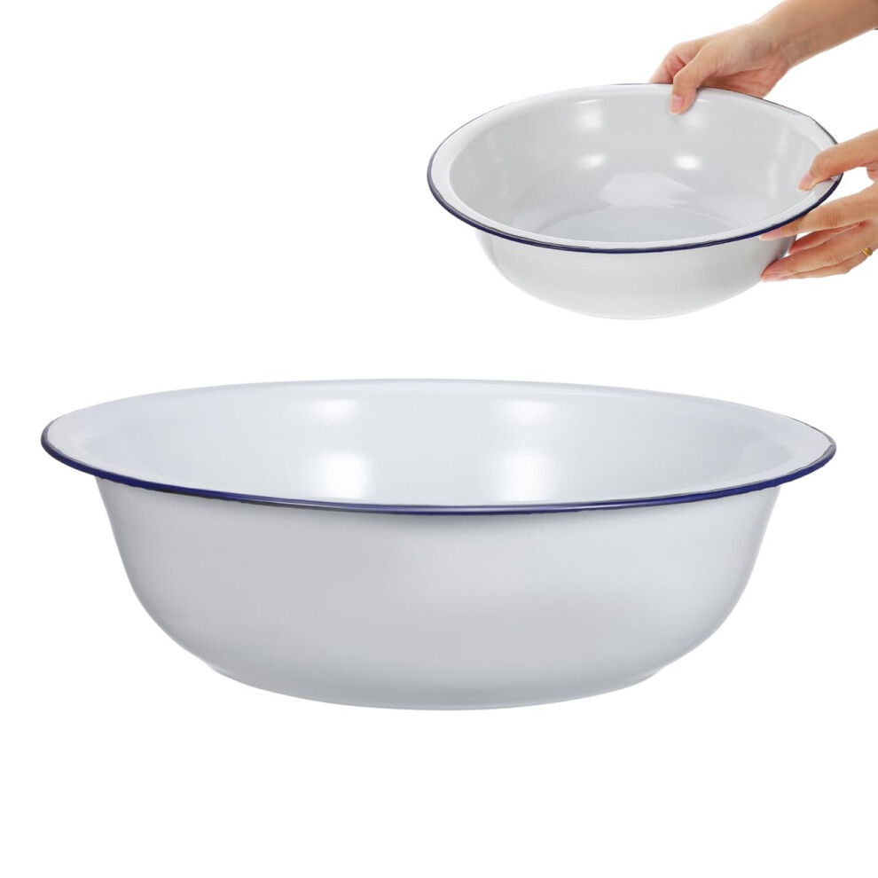 White/Blue Vintage Enamel Foot Soak Basin For Pedicures, Retro Multipurpose Wash Bowl, With Rim