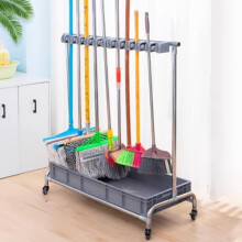 Mop Broom Holder Stainless Steel Rack, Adjustable Movable Organizer for Cleaning Supplies, Closet Storage Cart on Wheels