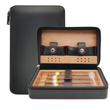 Cedarwood Cigar Box Leather Travel Case for 4 Cigar Boxes, Portable Black Humidifying Box