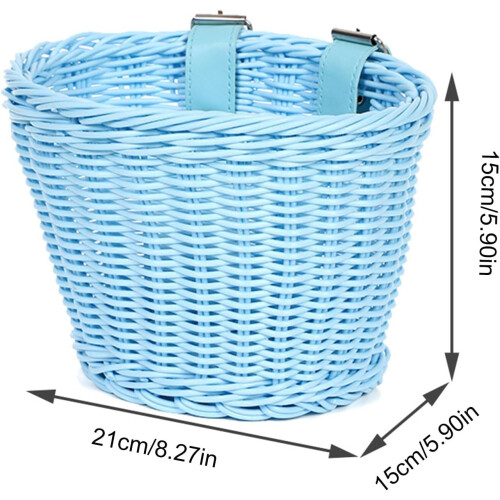 Childrens Bicycles Front Basket Wicker Adjustable Leather Belt Handlebars Storage Container For Kids Blue 2