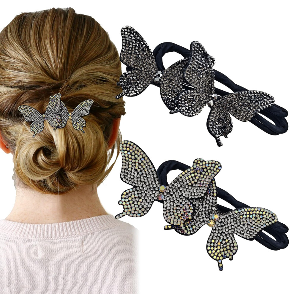 2 Pack Rhinestone Butterfly Hair Bun Maker Hair Styling Tool for Quick Elegant French Twist