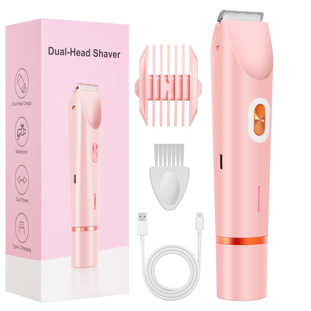 Pink Bikini Trimmer And Electric Shaver For Women, 2 In 1 Dual Head, Ipx7 Waterproof, Usbc Rechargeable,