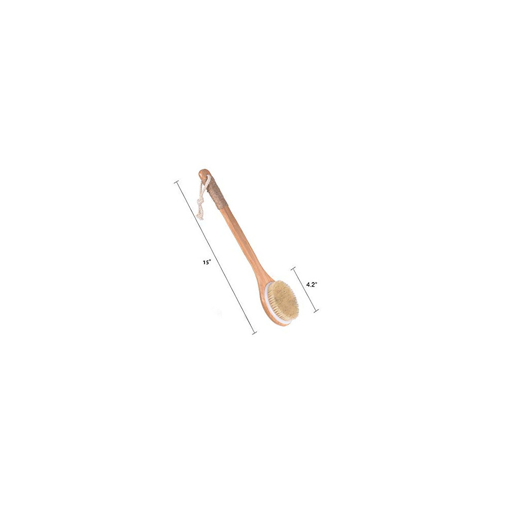 Bath Body Brush with Natural Bristle, Exfoliating Skin Care for Improved Lymphatic Drainage and Promotes Blood Circulation, Dry or Wet Brushing, for