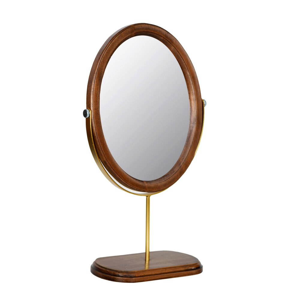 Brown Makeup Vanity Mirror 360 Swivel Solid Wood Oval Desk Mirror Rustic For Bedroom Living Room