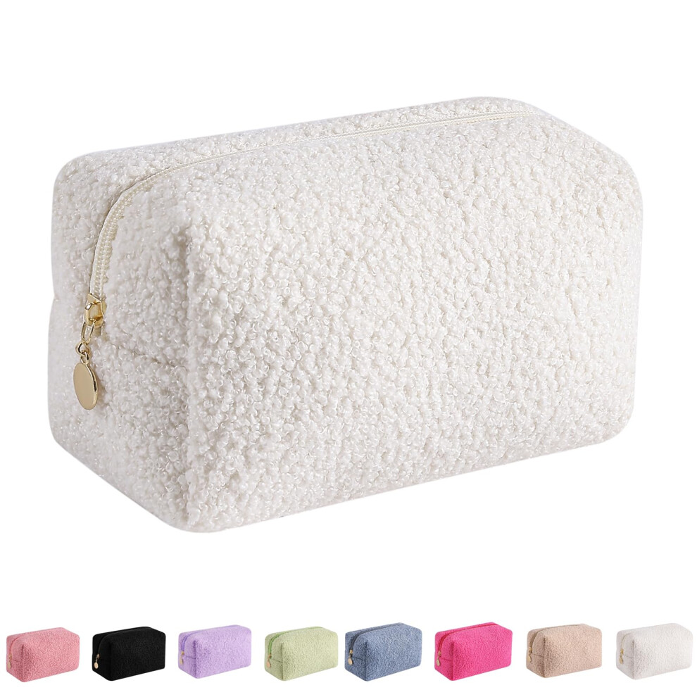 White Large Capacity Travel Makeup Bag With Plush Zipper Cosmetic Pouch For Women, Toiletry Organizer