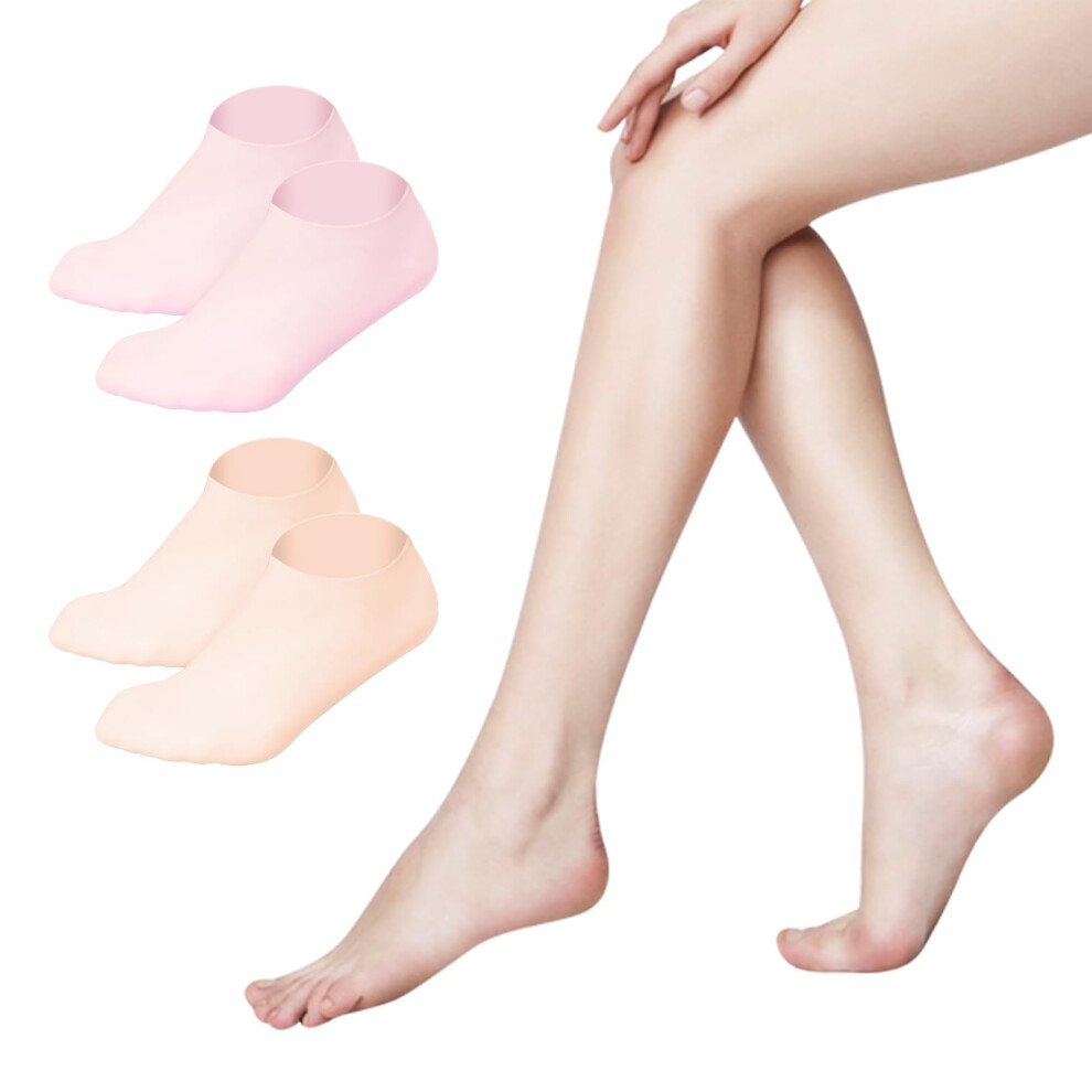 Pink/Orange Moisturizing Silicone Spa Socks For Cracked Heel And Dry Rough Feet, Antislip Overnight Hydration, 2 Pairs