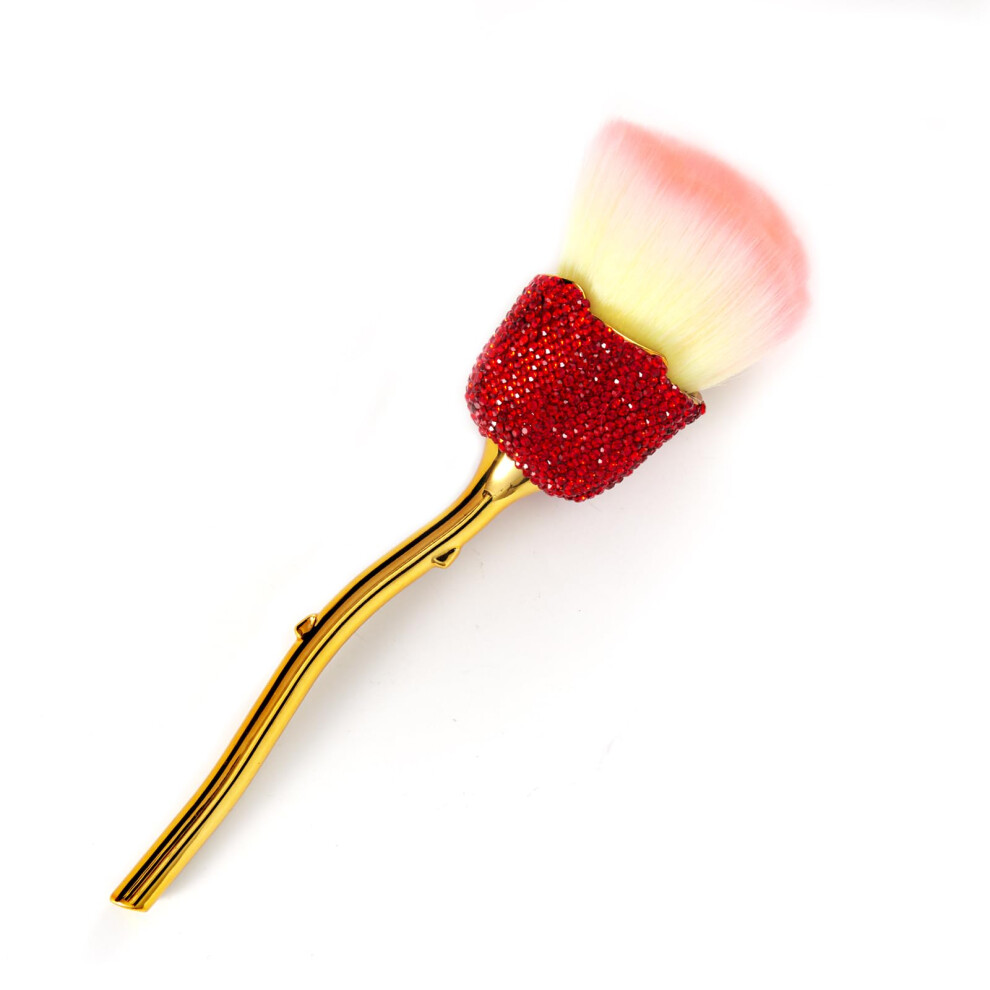 Red Nail Dust Brush Rose Shape With Rhinestones Soft Nylon Bristles For Acrylic Nails Cleaning