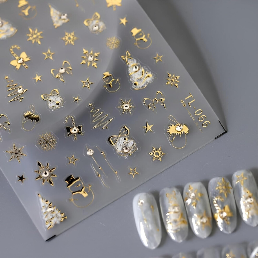 Gold Christmas Nail Stickers With Rhinestones 5D Embossed Snowflake And Elk Nail Art Decals