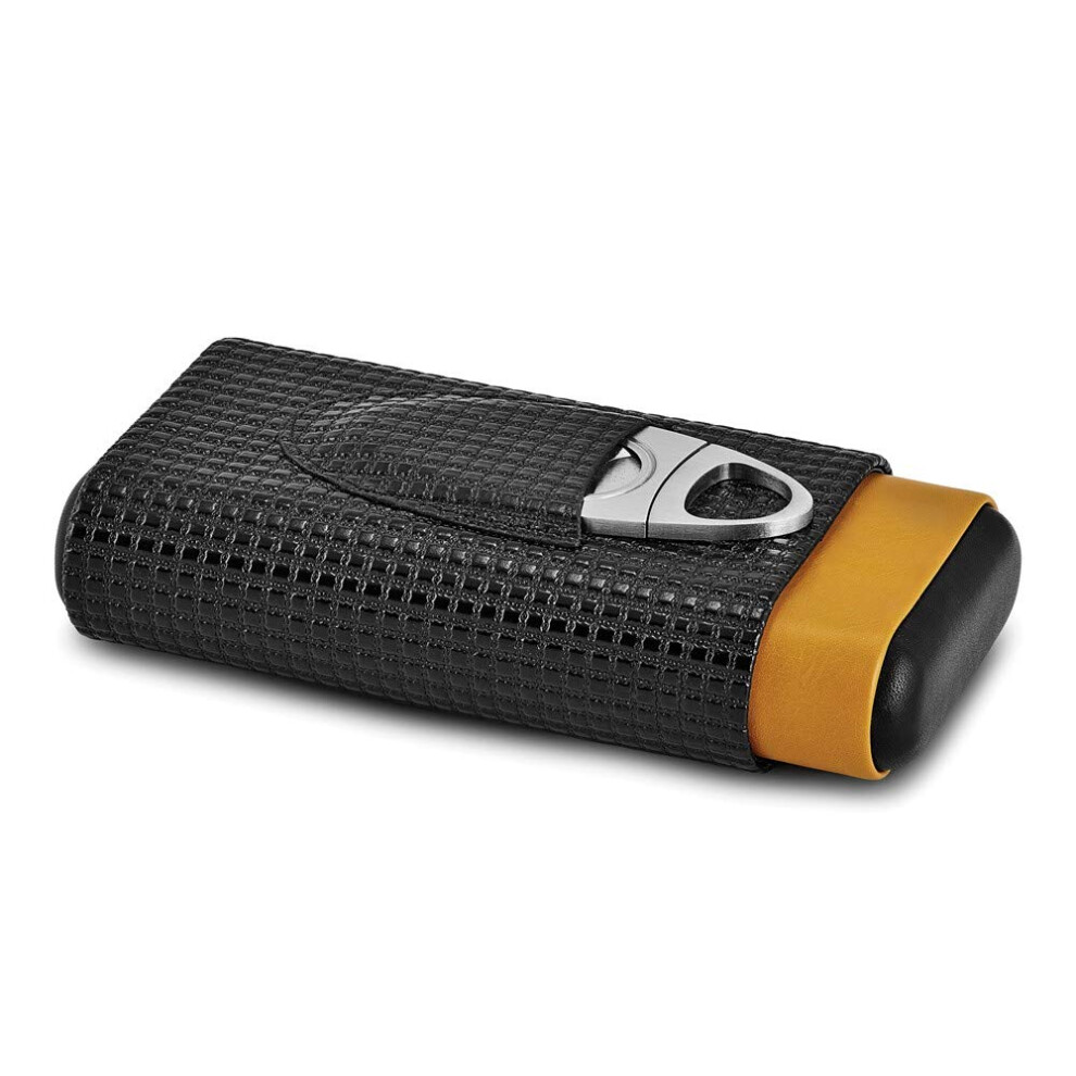 Black Cigar Travel Case With Cutter, And Tan Polyurethane, Compact 3Cigar Capacity