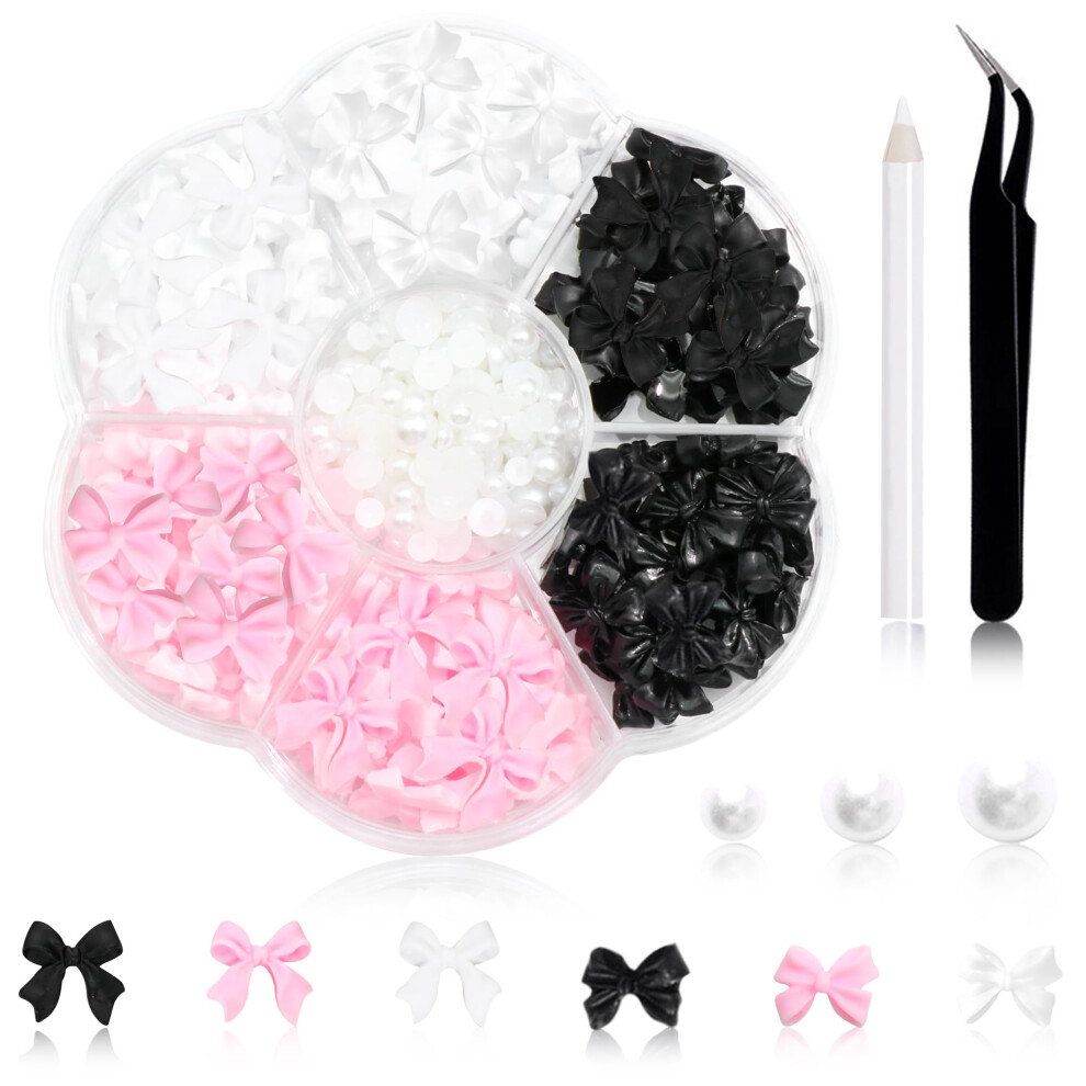 Black/White/Pink 300Pcs Nail Art Charms Set With 3D Bowknot And Flatback Pearls For Acrylic Diy Decorations,