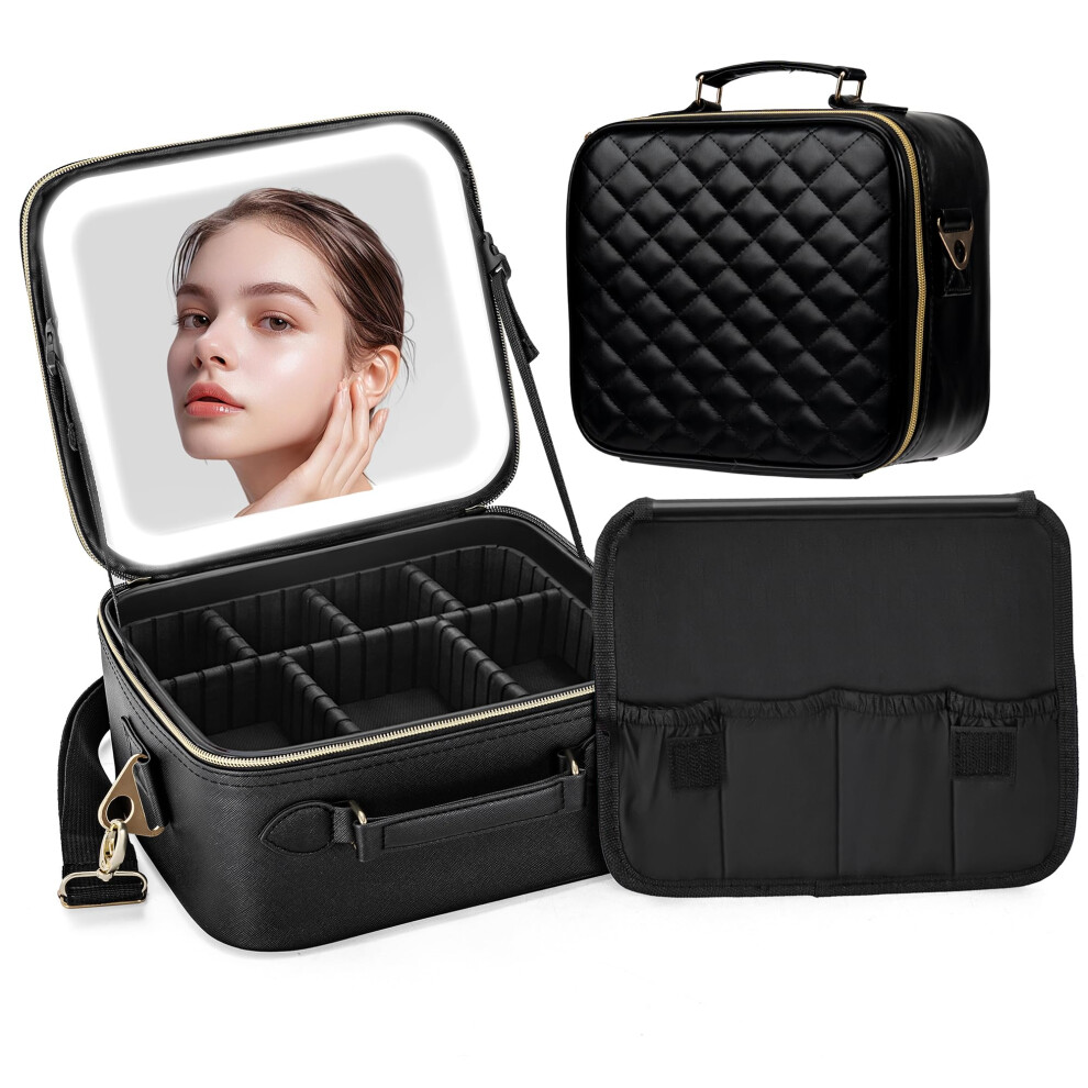 Black Travel Makeup Bag With Led Lighted Mirror, Waterproof Pu Leather Cosmetic Case, Adjustable Dividers,