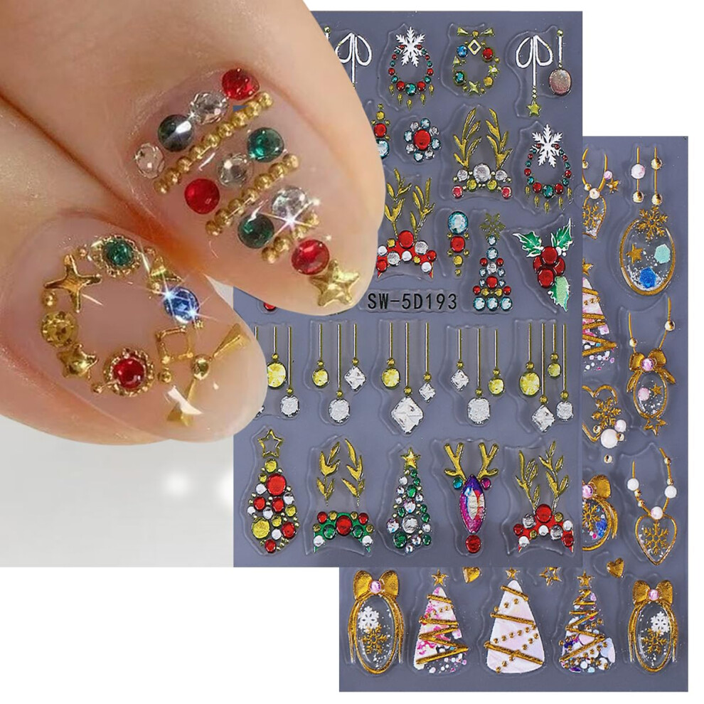 5D Embossed Christmas Nail Stickers with Gold Glitter Xmas Tree and Deer Decals, 2 Sheets
