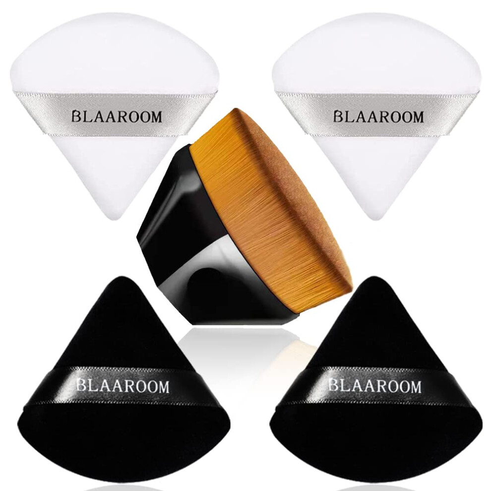 Black/White Makeup Brush And Powder Puff Set, Kabuki Foundation Brush With Velour Triangle Puff For Flawless Finish, And