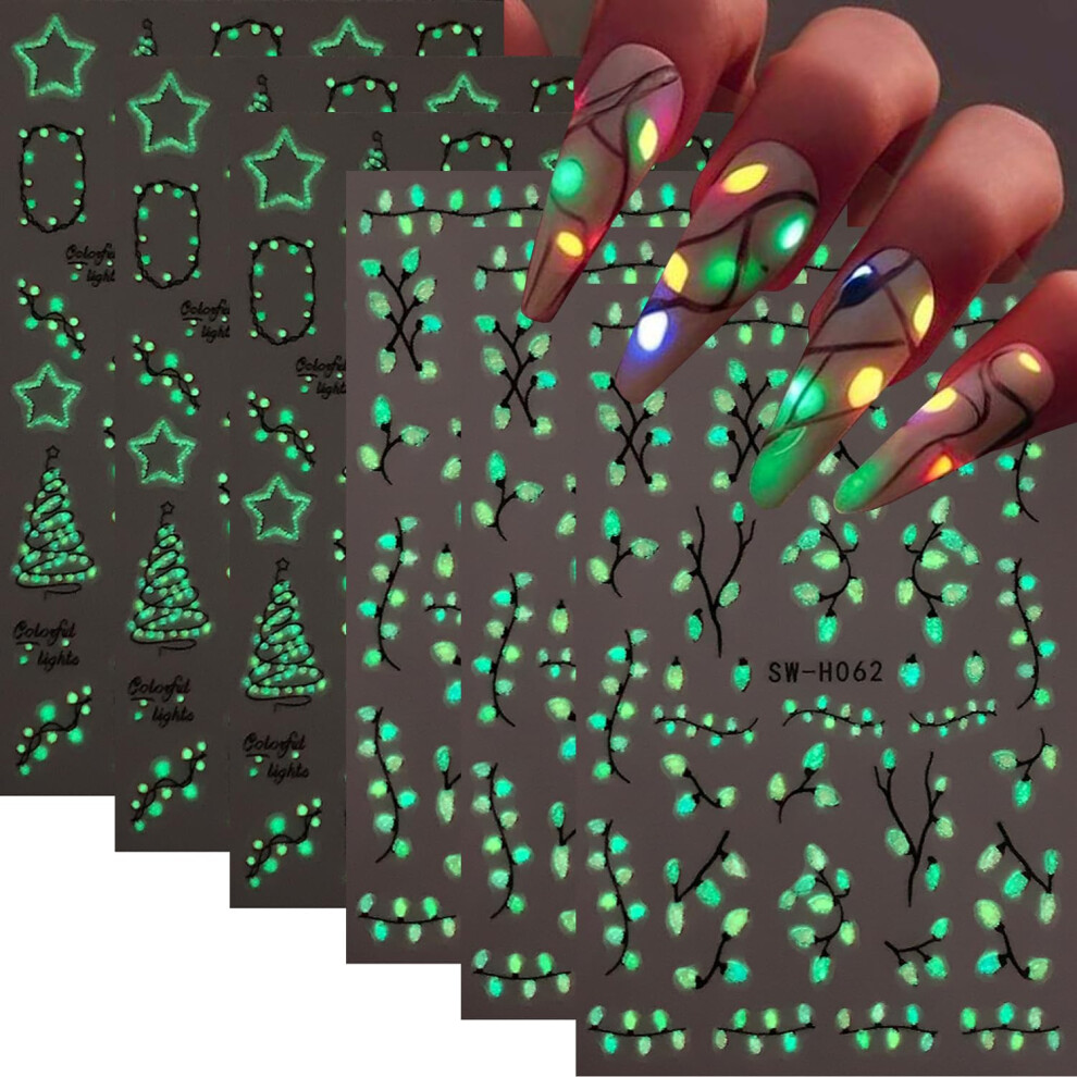 Christmas Nail Stickers Glow in the Dark 3D SelfAdhesive Xmas Star and Tree Nail Decals 6 Sheets