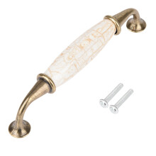 Puxadores de cerâmica em estilo europeu antigo, com padrão de mármore decorativo dourado, para armários de cozinha com design ergonômico.