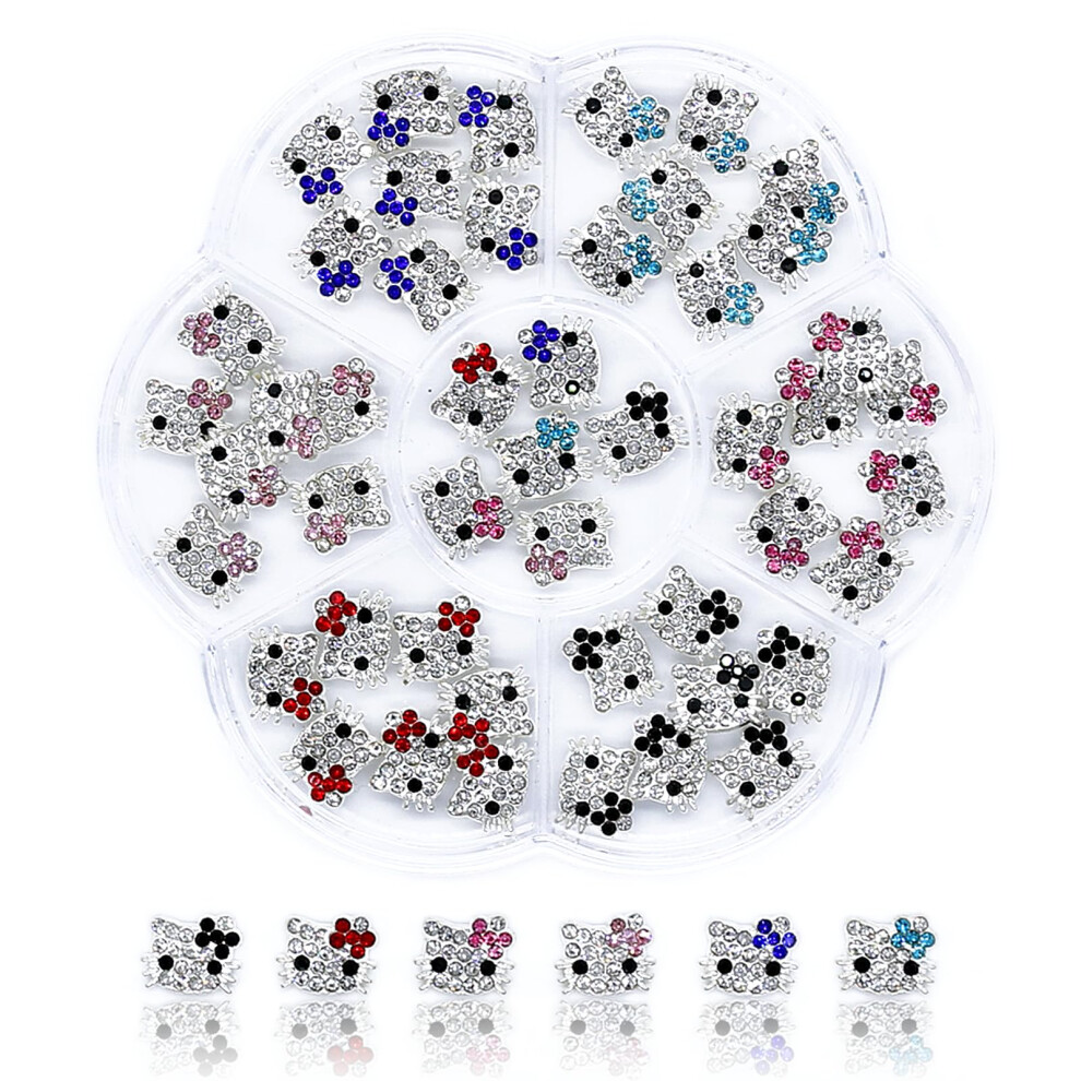 48pcs Kawaii Nail Charms Cute 3D Cat Glitter Rhinestone Decorations for DIY Manicure 6 Colors