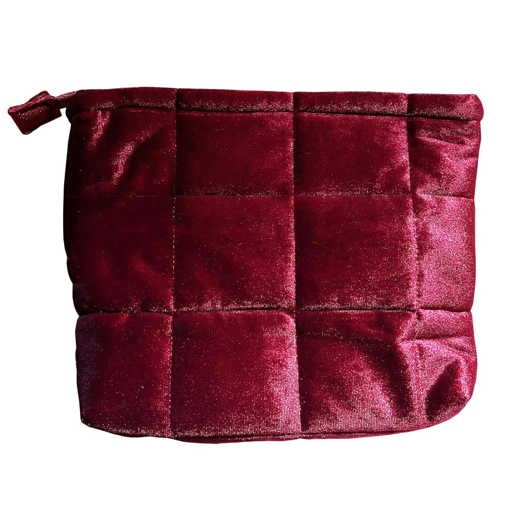 Red Velvet Quilted Makeup Bag Cosmetic Organizer For Women, Small Travel Toiletry Pouch Wine
