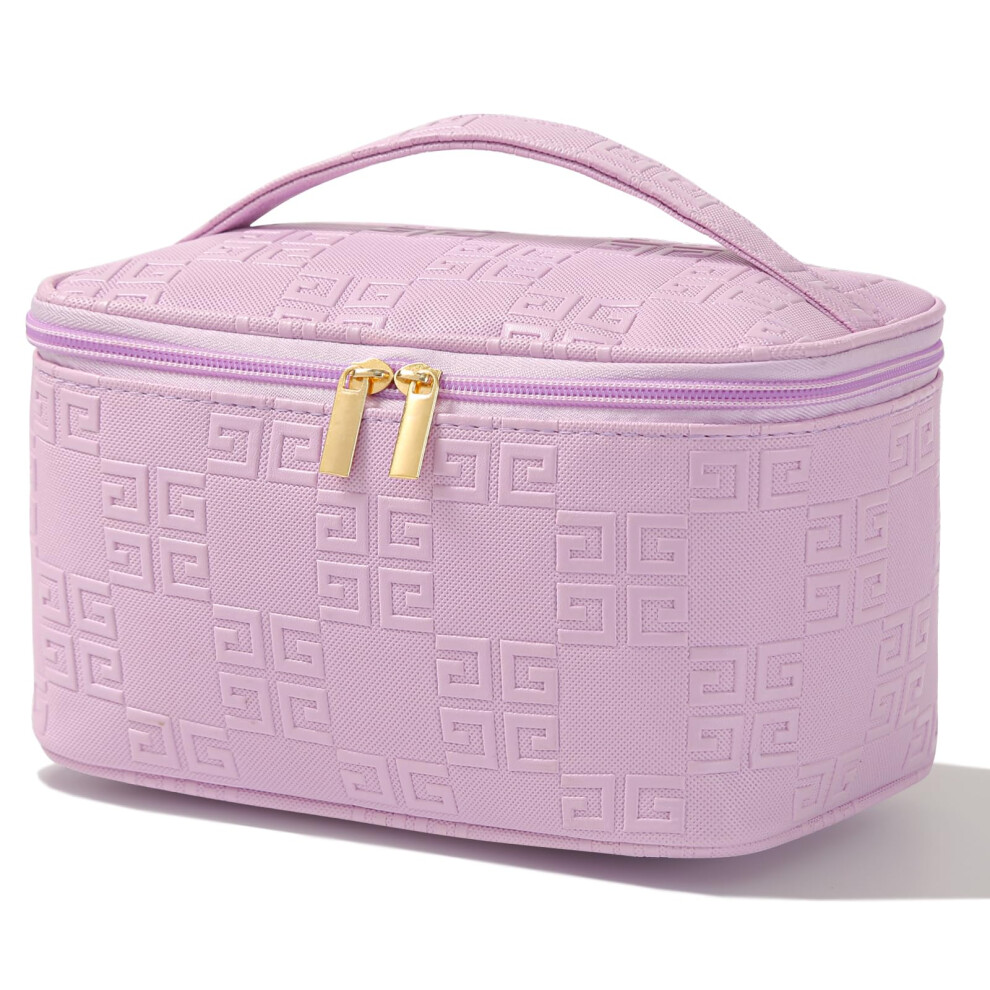 Purple Large Waterproof Pu Leather Makeup Bag With Brush Slots For Travel Toiletry Organizing