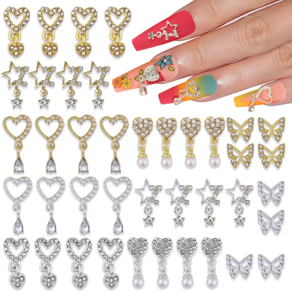 Gold/Silver 40Pcs Nail Art Charms Set 3D Alloy Rhinestones And Butterfly Star Heart Decorations