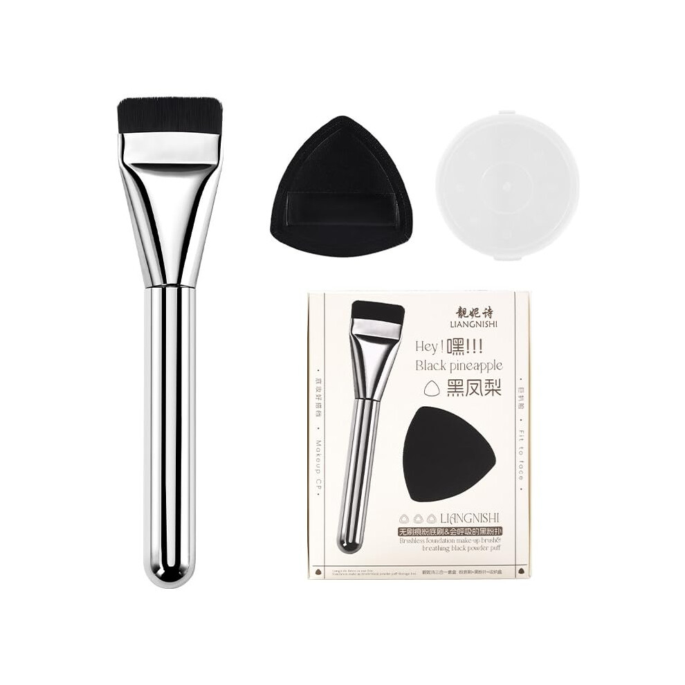 Foundation Brush and Makeup Puff Set for Flawless Base, Flat Brush and Soft Puff, Dual Use