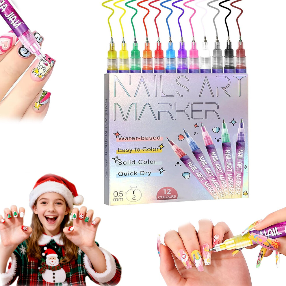 Nail Art Pens Set 12 Colors with 0.5mm Fine Tip, QuickDry NonToxic Markers for DIY Nail Designs