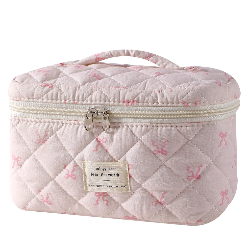 Quilted Makeup Bag with Floral Cotton Design, Compact Cosmetic Travel Organizer for Women Girls