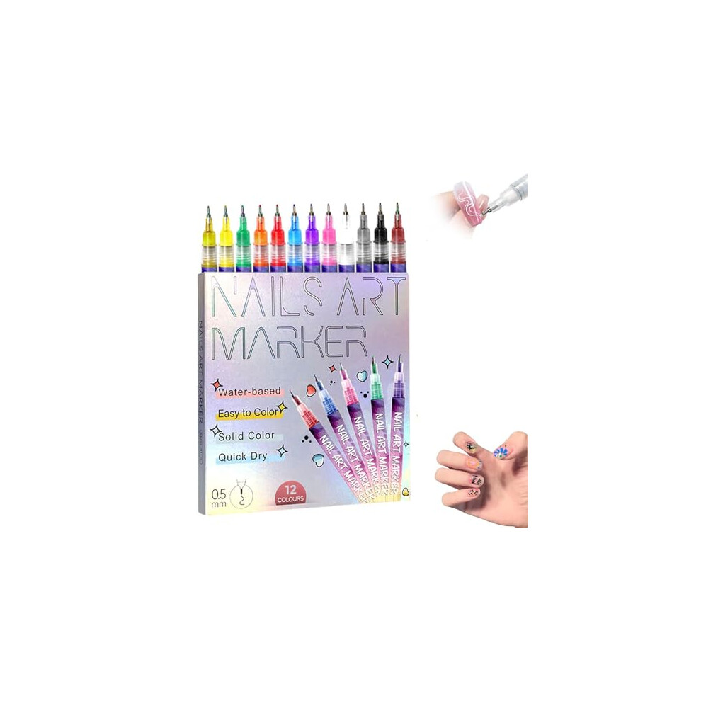 12 Colors Nail Art Pens Set with 0.5mm Fine Tip, Nail Art Markers for Gel Nails DIY Painting