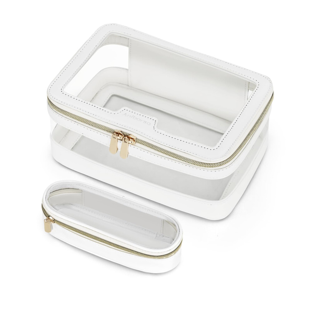 Clear Makeup Bag Waterproof PU Leather Travel Cosmetic Organizer with Zipper for Women White