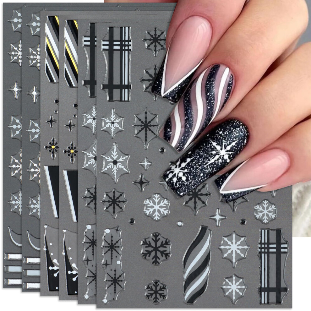 Christmas Snowflake Nail Stickers Black and White French SelfAdhesive Winter Nail Decals 6 Sheets