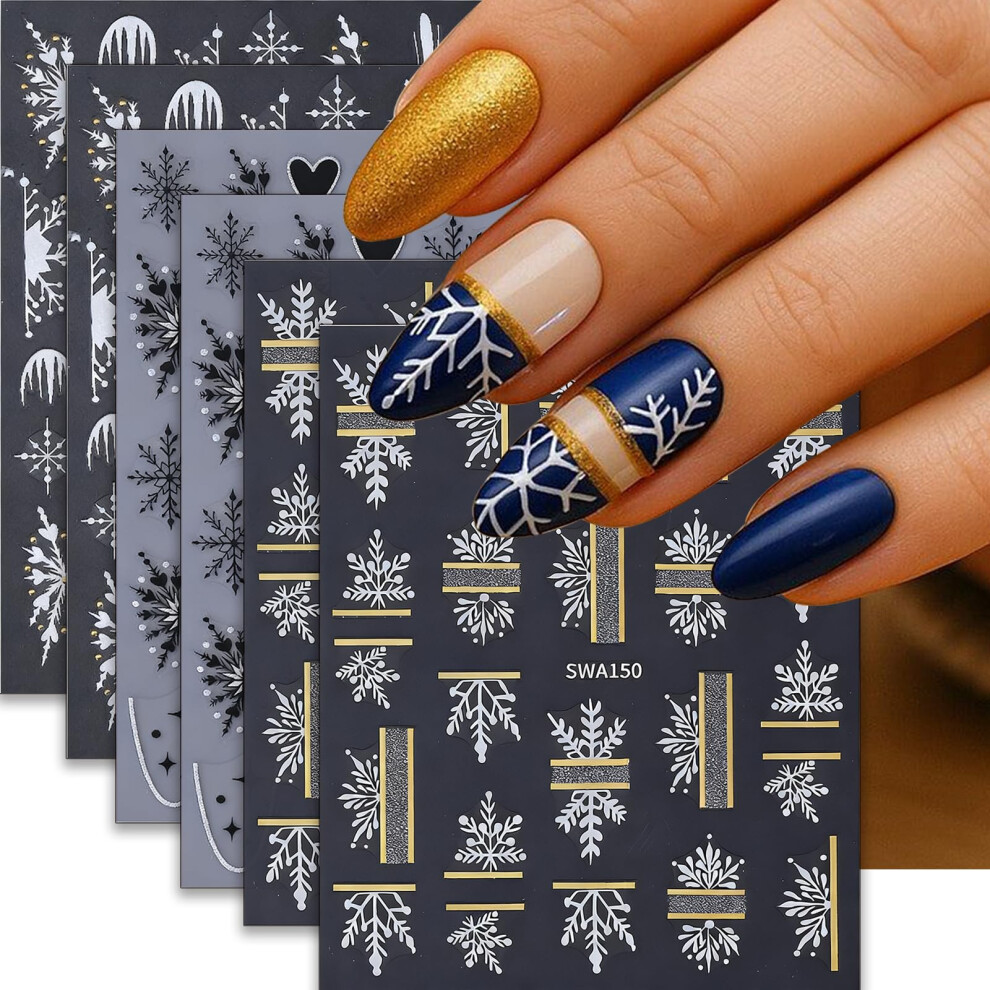 6 Sheets 3D Christmas Nail Stickers with Snowflake and Reindeer Designs for DIY Manicure Art