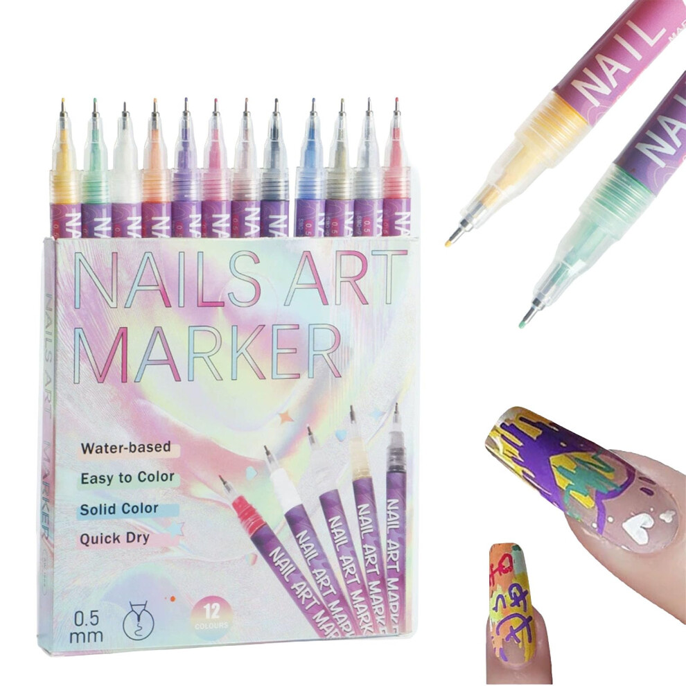 12 Colors Nail Art Pens Kit with 0.5mm Fine Tip, QuickDry Acrylic Markers for DIY Salon Designs