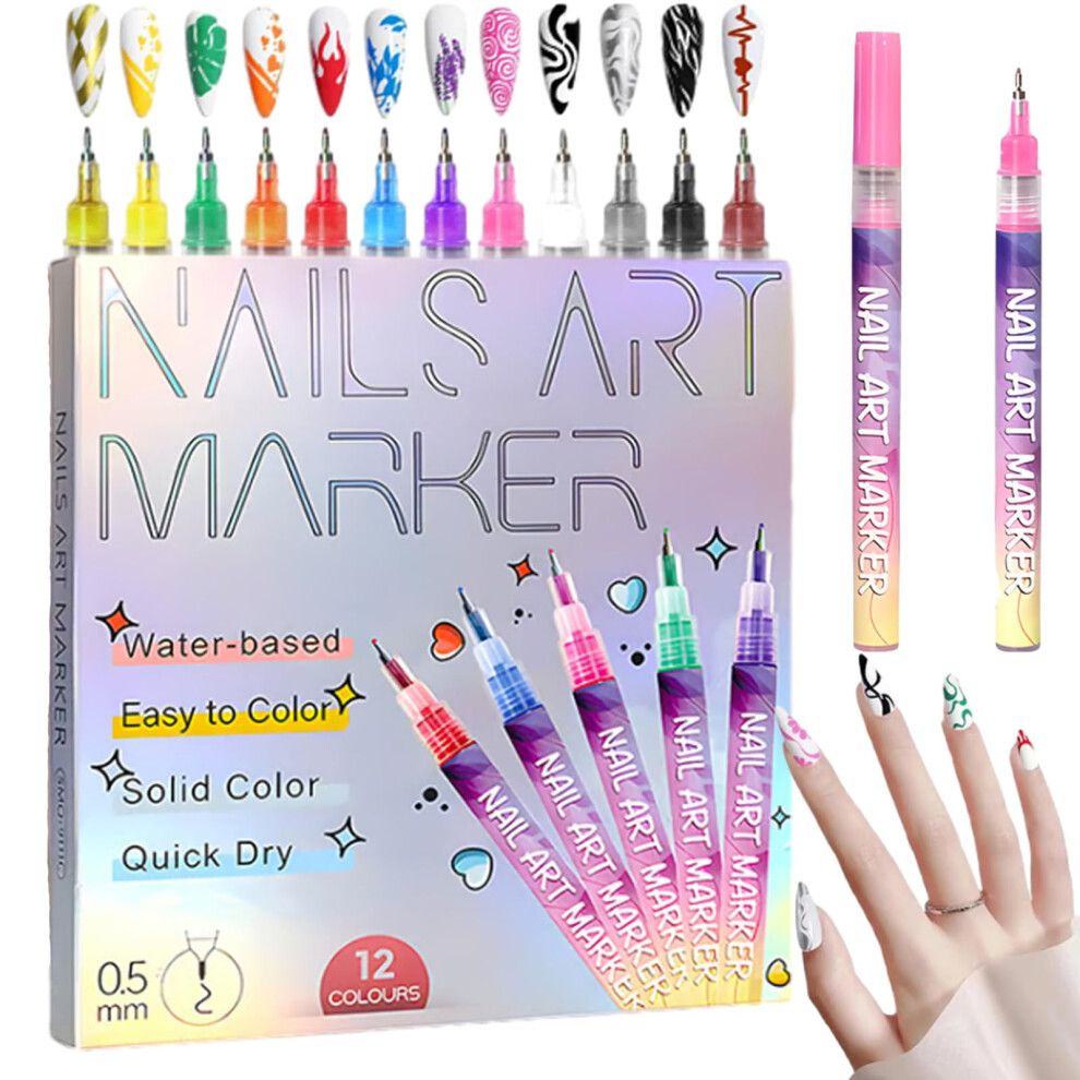 Nail Art Pens Set for Kids, 12 Vibrant Colors Fine Tip Markers for Easy Nail Drawing and Design
